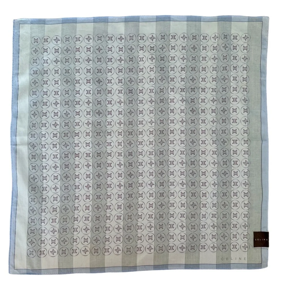 Celine Silk Scarf Cream Light Blue Logo Medallion